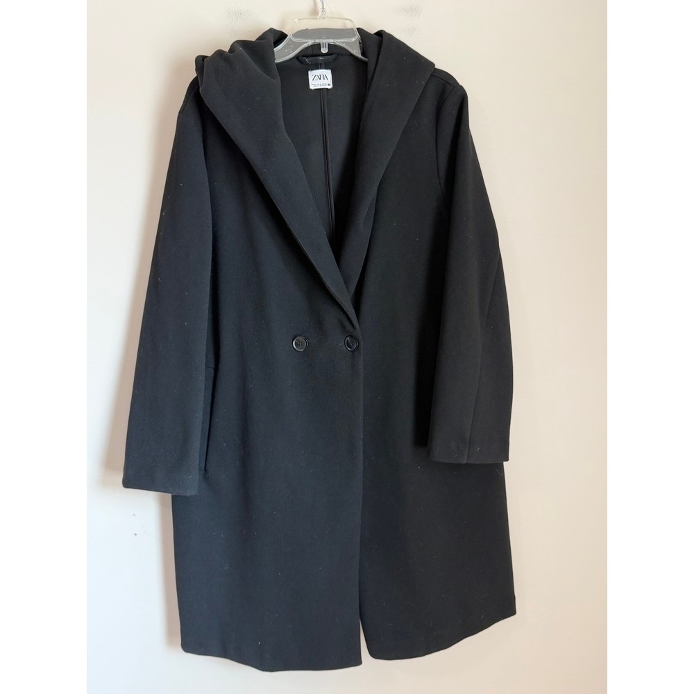 Zara Hooded Top Coat Oversized Womens Med Black Long Sleeve Button Front Ovecoat